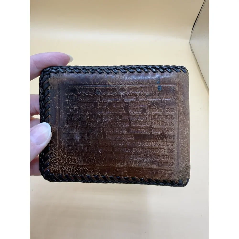 Vintage Leather Lord’s Prayer Wallet Jesus Crucifix Hand Tooled Billfold